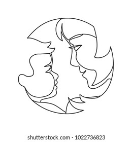 Woman with a child. Black and white abstract symbol of a young mother with her baby. Hand drawn family logo, icon, sign, emblem. Line art, isolated vector illustration