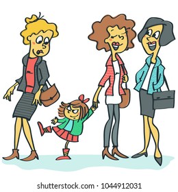 Woman with child busy talking to a friend and does not notice her little girl rudeness to stranger, colorful vector cartoon illustration