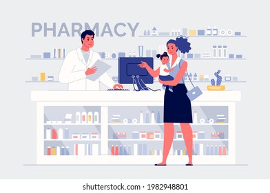 A woman with a child buys medicines from a friendly pharmacist at the pharmacy. Health care concept. Colored vector illustration in flat cartoon style.