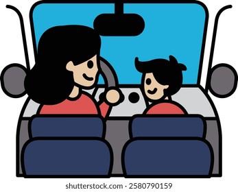 A woman and a child are in a car. The woman is driving and the child is sitting in the back seat. Scene is lighthearted and playful, as the woman and child seem to be enjoying their time together