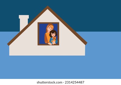 A woman with a child and a cat in the window of a flooded house. Flood after the explosion of the Kakhovskaya hydroelectric power station
