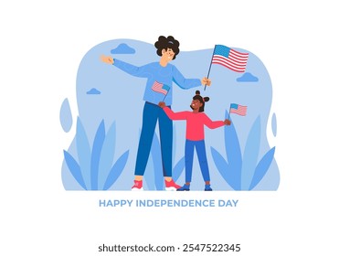 Una mujer y un niño celebran el Día de la Independencia con banderas estadounidenses en la mano. Ambiente alegre con fondo azul y plantas verdes. Ilustración vectorial