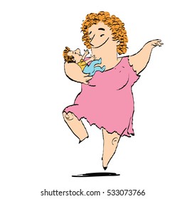 Woman and child dancing, sketch vector illustration. Family. Mother or grandmother with a son or grandson