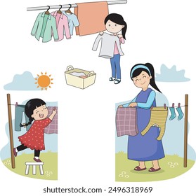 Mujer y niño secando ropa Ilustración vectorial