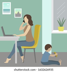 Woman with child fleelance remote worker flat vector illustration. Child plays while his mother is working at home.