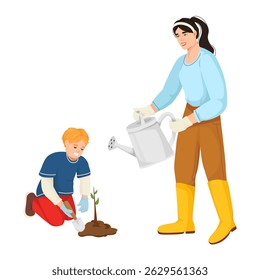 Woman and child gardening, planting a sapling and watering it, cartoon style on white background. Concept of eco education. Vector illustration