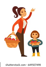 Woman and child gather apple fruit harvest in basket vector flat icons