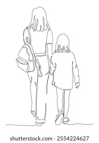 Woman with child girl commuting to school. Holding backpack. Back view. Continuous line drawing. Black and white vector in line art style.