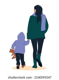 Woman with a child. The girl leads the child by the hand, rear view. Refugees. Vector image.