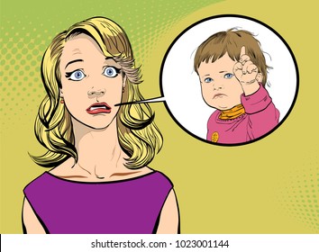 Woman and child. Girl and strict child. Surprised woman and child. Surprised girl and child.