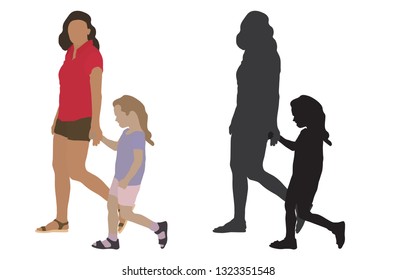 Woman with child go by the hands and their silhouette. Vector illustration