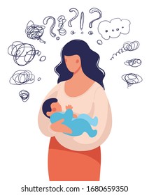A woman with a child in her arms asks herself many questions. Conceptual illustration about postpartum depression, help for a young mother, family support. Flat cartoon illustration isolated on white