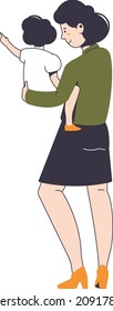 A woman with a child in her arms is walking on the street. Vector illustration of a family scene.