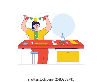 Woman child is in her study room at home making crafts from paper. Character design. Vector flat illustration