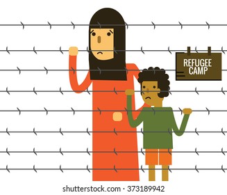 Woman and child holding Barbed Wire at refugee camp. thin line flat design elements. vector illustration