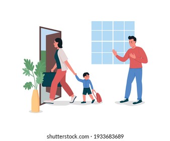 Woman with child leave husband flat color vector detailed characters. Angry mother. Sad father. Upset son. Family conflict isolated cartoon illustration for web graphic design and animation