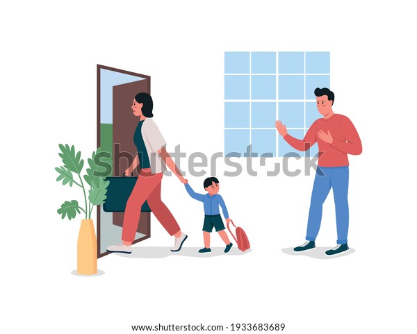 Woman with child leave husband flat color
vector detailed characters. Angry mother. Sad father. Upset son.
Family conflict isolated cartoon illustration for web graphic
design and animation