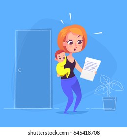 Woman with child looking at document. Vector Illustration