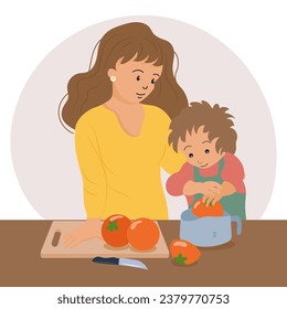 A woman and a child are making juice in the kitchen. Mother and son. Illustration. Vector