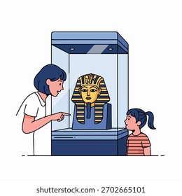 Uma mulher e uma criança observam a máscara de um antigo faraó egípcio exibida em um caso de exposição de museu.