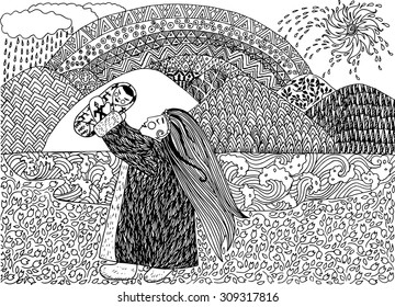 Woman with a child on a background of mountains. Black and white sketch. Baikal legends. 