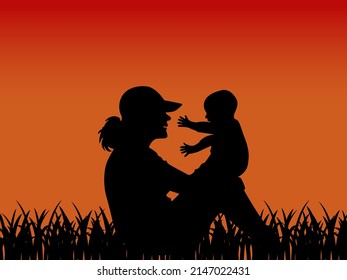 Woman with child on sunset background silhouette. Mom with baby outdoors. Young mother with kid sits on grass, shadow. Motherhood concept vector illustration