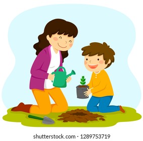 woman and child planting a sapling together. Traditional activity for Tu Bishvat.