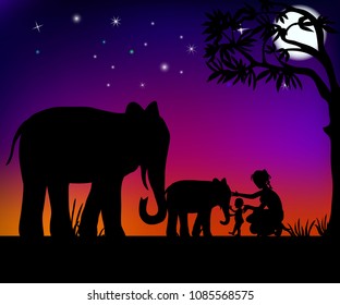 Woman with child playing with elephants vector illustration