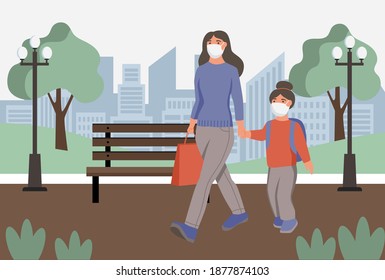 Frauen mit Kind in Schutzmasken Wolken im Park. Schutz vor Luftverschmutzung in Städten, Smog, Dampf. Coronavirus-Quarantäne, Beatmungsvirus-Konzept. Flacher Cartoon, Vektorgrafik. 