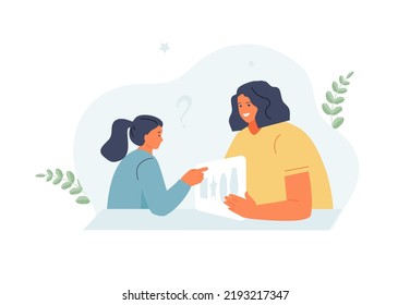 Woman Child Psychologist Is Testing A Little Girl. Diagnosis And Preparation For School. Speech Therapist. Vector Illustration