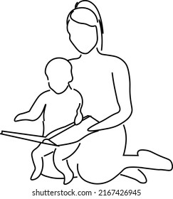 Woman and Child Reading a Book Line Art