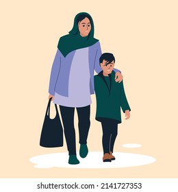 Woman with a child. Refugees. People are being evacuated from the war zone. Vector image.