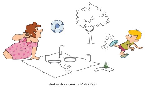 Woman with child is relaxing in park. Funny people. Illustration for website, presentation, social or print media.