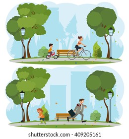 Woman and child riding on bicycles around the city park. vector