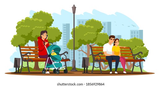 Woman with child and romantic couple sitting in public city park illustration. Healthy lifestyle outdoor vector. Young mother with baby in stroller and man with girl sitting on bench.