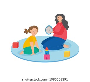 Woman with child sits on lesson of speech therapy and plays an educational game, flat vector illustration isolated on white background. Children speech therapy.