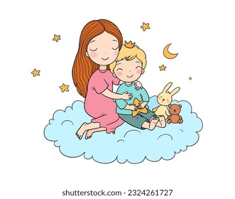 Woman   child are sitting cloud  Mom   son  Brother   sister  The girl hugs the boy  Cute cartoon little prince  Happy family 