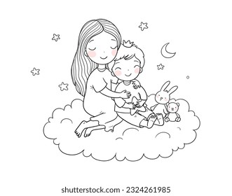 A woman   child are sitting cloud  Mom   son  Brother   sister  The girl hugs the boy  Cute cartoon little prince  A happy family  Illustration for coloring book  Vector