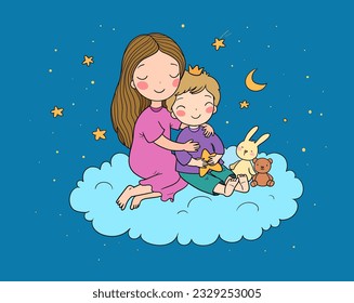 Woman and a child are sitting on a cloud. Mom and son. Brother and sister. The girl hugs the boy. Cute cartoon little prince. Happy family.