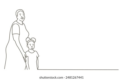 A woman and a child are standing next to each other. Hand drawn vector illustration. Black and white.