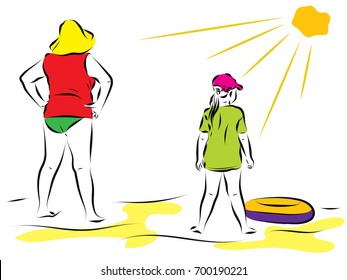 A woman and a child are standing on the beach, legs apart with their backs. At mum and the child on a head a cap and a hat from the sun. Next to the girl on the sand is a lifeline. 