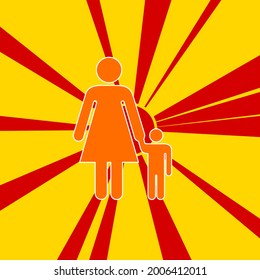 Woman with child symbol on a background of red flash explosion radial lines. A large orange symbol is located in the center of the sunrise. Vector illustration on yellow background