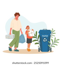 Woman with child throwing out paper waste, sorting garbage. Boy help mother separating trash to promote cleanliness, sustainability. Vector illustration for environment and ecology protection concept