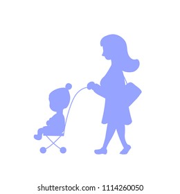 Woman and child in trolley, silhouette vector illustration. Walking with baby as fitness exercise. Back to shape for young mother. Happy motherhood. Summer activity for little kid. Sitting baby stroll