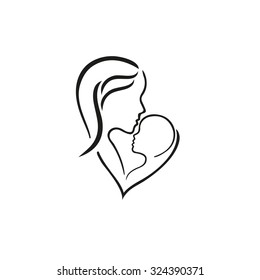 Woman and child, vector symbol in simple lines