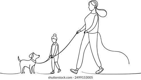 A woman and a child walk a dog on a leash. The woman is holding the leash and the child is walking beside her
