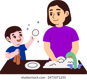 a woman and a child washing dishes together