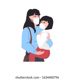 woman with child wearing masks to prevent epidemic MERS-CoV wuhan coronavirus 2019-nCoV pandemic medical health risk portrait vector illustration