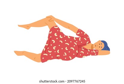 Woman In Childbirth Process Lying On Her Side, Flat Vector Illustration Isolated On White Background. Concept Of Birth Positions For Natural Labor.