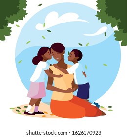 woman and children with background landscape vector illustration design